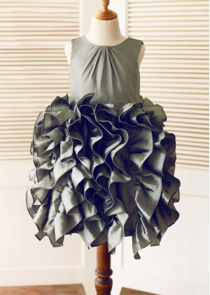 Gray Taffeta Ruffle Skirt Knee Length Flower Girl Dress